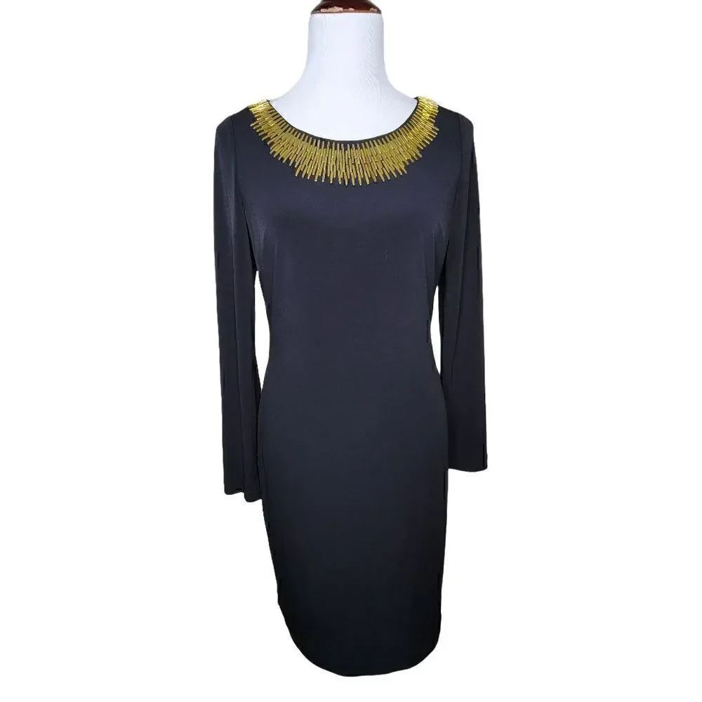 Calvin Klein Embellished Neck Long Sleeve Dress Black Gold Size 6